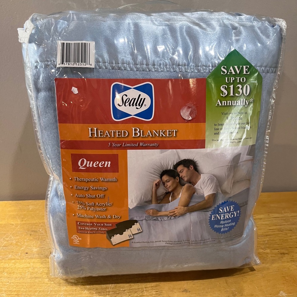 Sealy Heated Electric Blanket Queen Wedgewood Blue Dual Control Vtg Style NEW